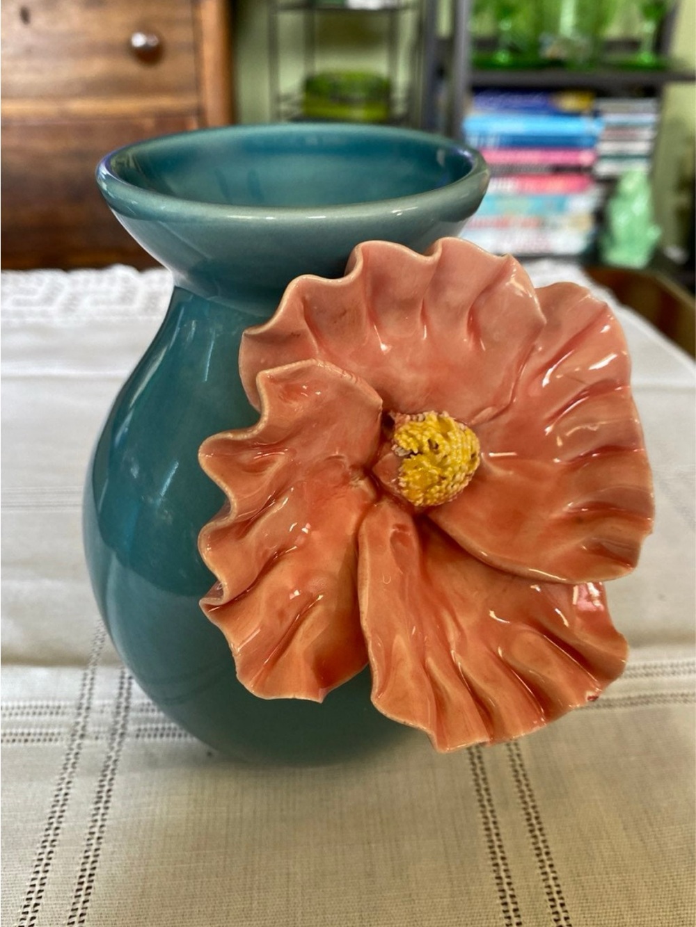 Anthropologie Teal Ceramic Vase with Cream Base